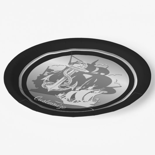 海賊船&いかりホワイトシルエットプレート2 ペーパープレート (アングル)