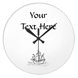 海賊船。白黒。 ラージ壁時計