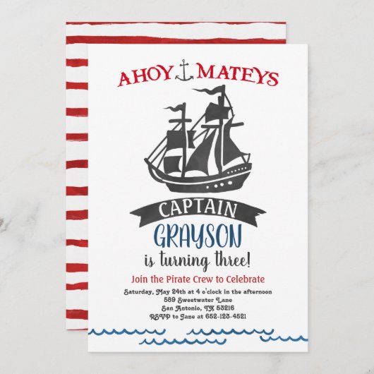 海賊誕生日のパーティの招待状のモダンの水彩画 招待状 (正面/裏面)