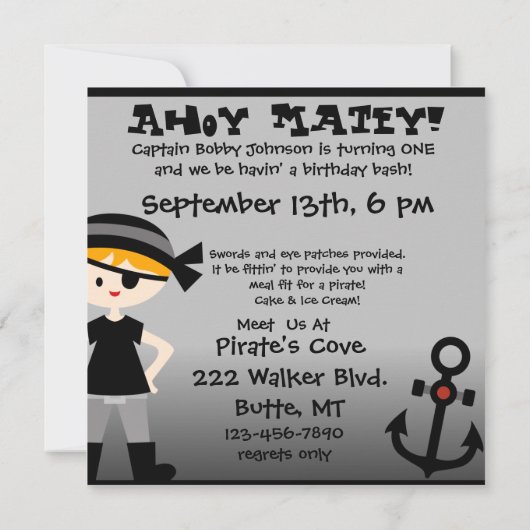 海賊誕生日の招待のような海賊男の子のパーティー 招待状 (裏面)