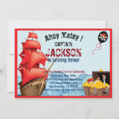 海賊誕生日パーティー招待船ストライプ式 招待状 (正面)