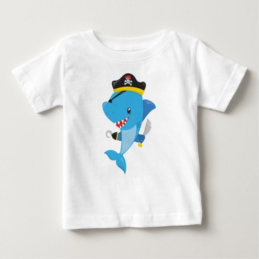 海賊鮫、かわいいサメ、小さなサメ、青いサメ ベビーTシャツ (正面)