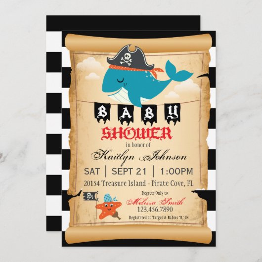 海賊鯨とヒトデの赤ちゃんシャワー 招待状 (正面/裏面)