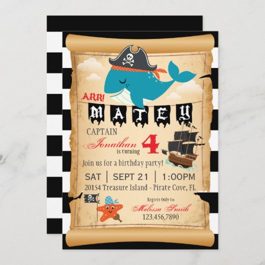 海賊鯨とヒトデ誕生日招待状 招待状 (正面/裏面)