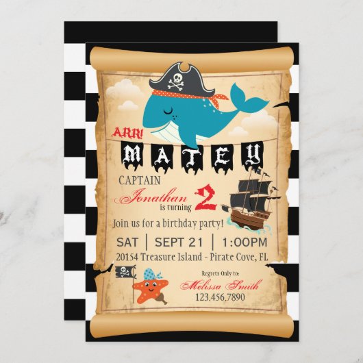 海賊鯨とヒトデ誕生日招待状 招待状 (正面/裏面)