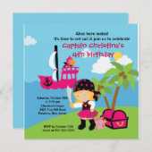 海賊Ahoy仲間の誕生日のパーティの招待状の女の子 招待状 (正面/裏面)