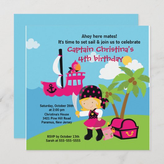 海賊Ahoy仲間の誕生日のパーティの招待状の女の子 招待状 (正面/裏面)