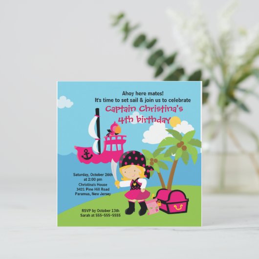 海賊Ahoy仲間の誕生日のパーティの招待状の女の子 招待状 (スタンド正面)