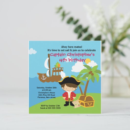 海賊Ahoy仲間の誕生日のパーティの招待状の男の子 招待状 (スタンド正面)