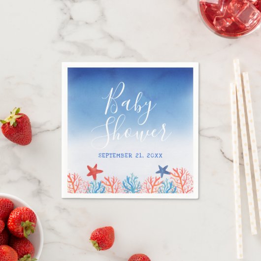 海赤ちゃんシャワー水色ヒトデのサンゴ スタンダードカクテルナプキン (インサイチュ)