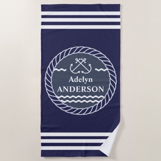 海軍いかり及びロープパーソナライズされたビーチタオル ビーチタオル (正面)