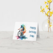 海軍およびティール(緑がかった色)MTBサイクリスト誕生日カード カード (黄色い花)