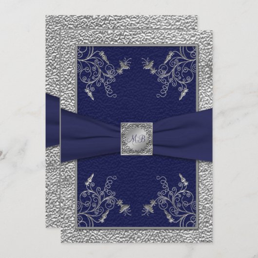 海軍およびピューターのモノグラムのな結婚式招待状 招待状 (正面/裏面)