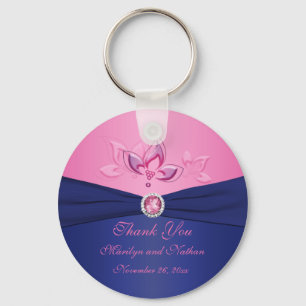 海軍およびピンクの花のモノグラムのなKeychain キーホルダー