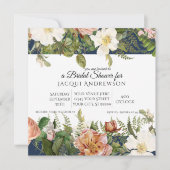 海軍および珊瑚のアイボリーのバラの花柄のブライダルシャワー 招待状 (正面)