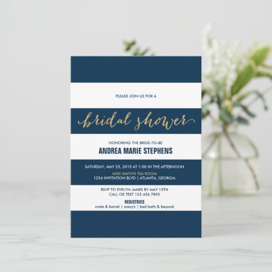 海軍および白のストライプの金ゴールドのグリッターのブライダルシャワー 招待状 (スタンド正面)