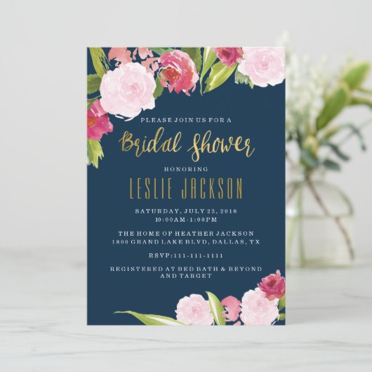 海軍および金ゴールドのブライダルシャワーの招待状 招待状 (スタンド正面)