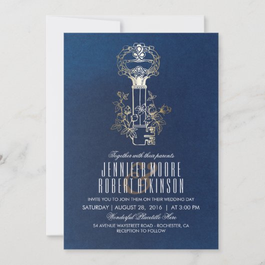 海軍および金ゴールドの合い鍵のヴィンテージの結婚 招待状 (正面)