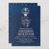 海軍および金ゴールドの合い鍵のヴィンテージの結婚 招待状 (正面/裏面)