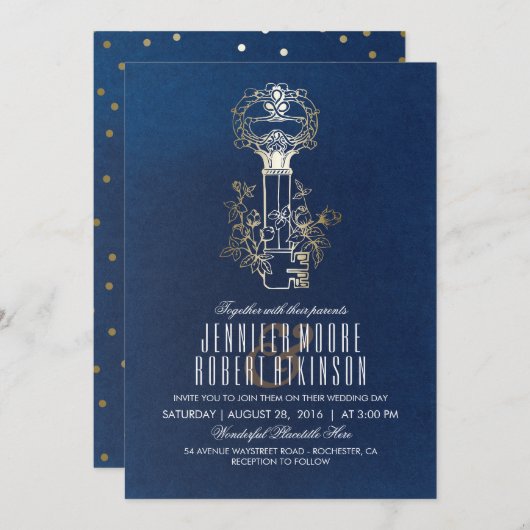 海軍および金ゴールドの合い鍵のヴィンテージの結婚 招待状 (正面/裏面)