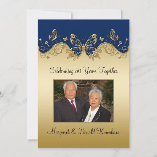 海軍および金ゴールドの蝶第50写真記念日 招待状 (正面)