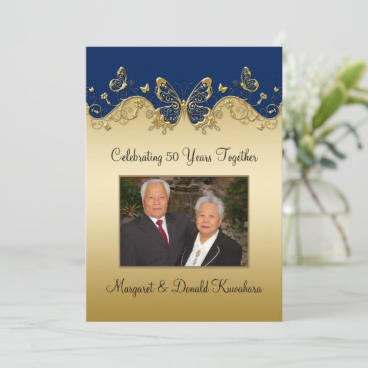 海軍および金ゴールドの蝶第50写真記念日 招待状 (スタンド正面)