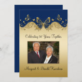 海軍および金ゴールドの蝶第50写真記念日 招待状 (正面/裏面)