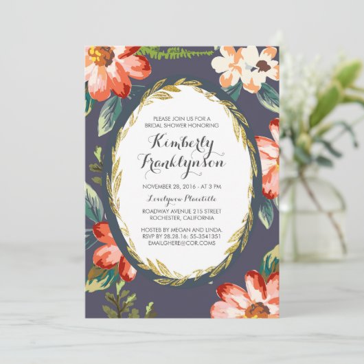 海軍および金ゴールドフローラヴィンテージブライダルシャワー 招待状 (スタンド正面)