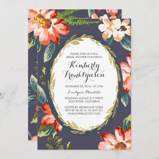 海軍および金ゴールドフローラヴィンテージブライダルシャワー 招待状 (正面/裏面)