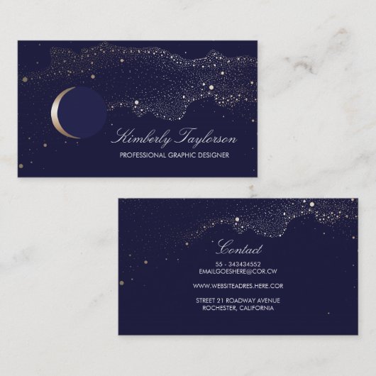 海軍および金ゴールド夜星の三日月形の月のモダン 名刺 (正面/裏面)