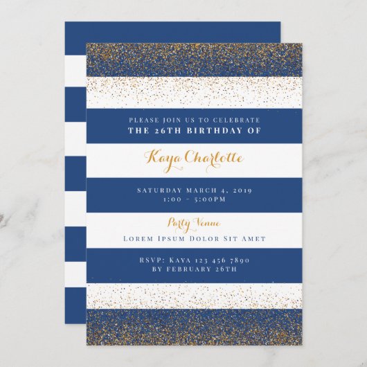海軍および金ゴールド誕生日招待状（成人向け） 招待状 (正面/裏面)