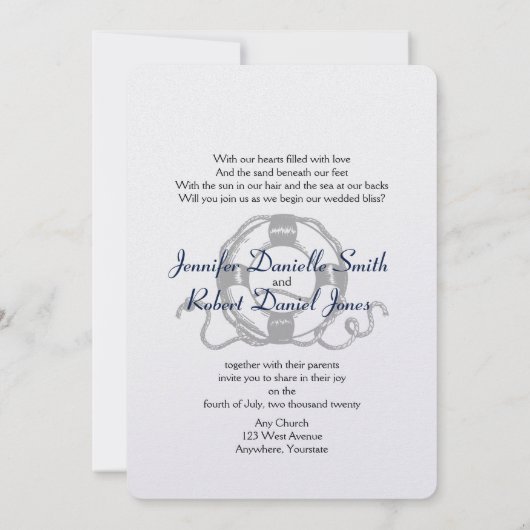 海軍および銀のいかりのビーチ結婚式 招待状 (裏面)
