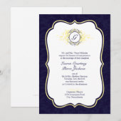 海軍および黄色線条細工フレームの結婚式招待状 招待状 (正面/裏面)