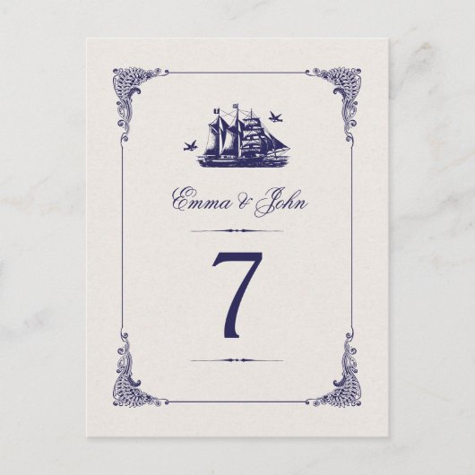 海軍とアイボリーのヴィンテージ船結婚のテーブル番号 ポストカード (正面)