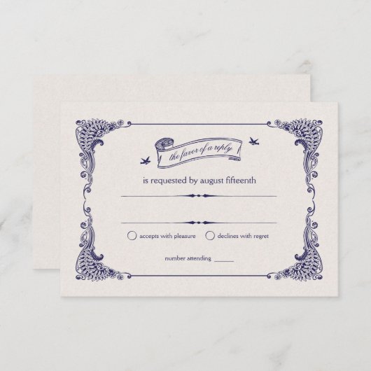 海軍とアイボリーヴィンテージ船航海の結婚式RSVP 出欠カード (正面/裏面)