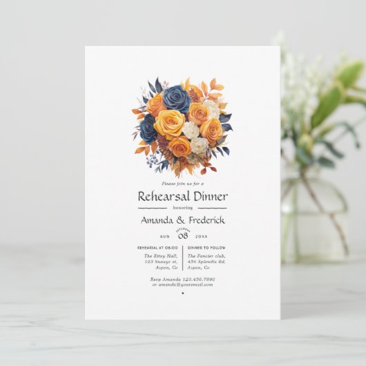 海軍とオレンジのフローラ結婚のリハーサルディナー 招待状 (スタンド正面)