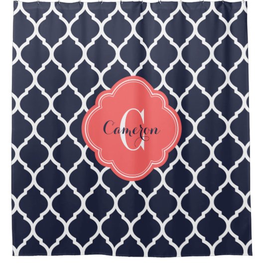 海軍とコーラルモロッコクローバーモノグラム シャワーカーテン (正面)