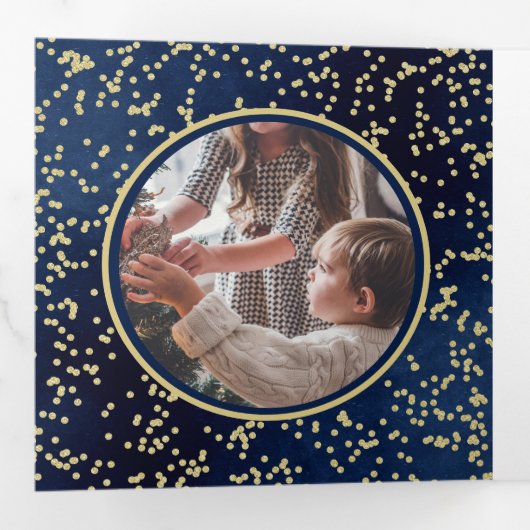 海軍とゴールドの家族のホリデーシーズン写真コラージュ 三つ折りクリスマスカード (内部最初)