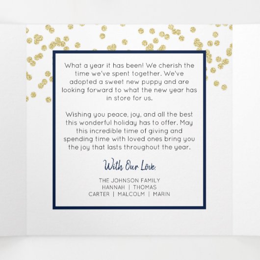 海軍とゴールドの家族のホリデーシーズン写真コラージュ 三つ折りクリスマスカード (内部中)