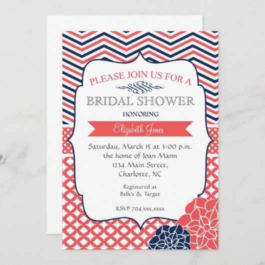 海軍とサンゴのヴィンテージブライダルシャワーの招待 招待状 (正面/裏面)