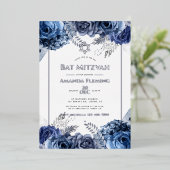 海軍とシルバーのフローラバルミツワー 箔招待状 (立ち正面)