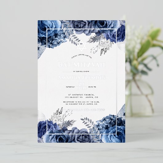 海軍とシルバーのフローラバルミツワー 箔招待状 (立ち正面)