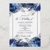 海軍とシルバーのフローラ結婚のフォイル招待状 箔招待状 (正面)