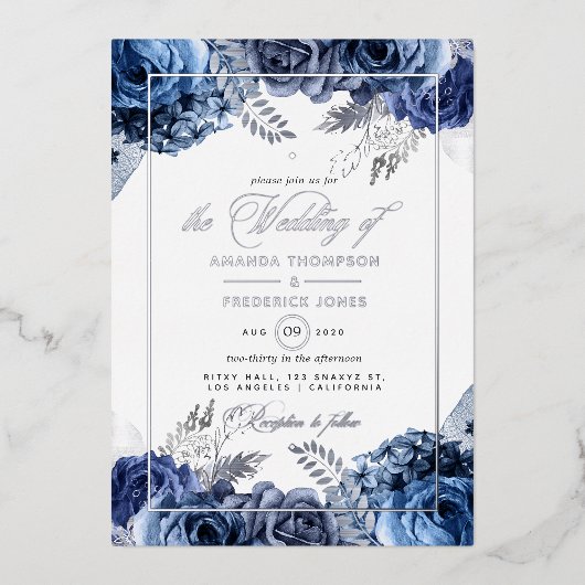 海軍とシルバーのフローラ結婚のフォイル招待状 箔招待状 (正面)