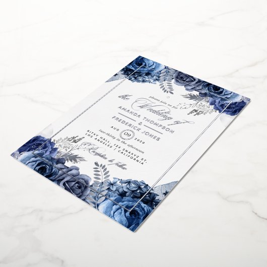 海軍とシルバーのフローラ結婚のフォイル招待状 箔招待状 (回転した状態)