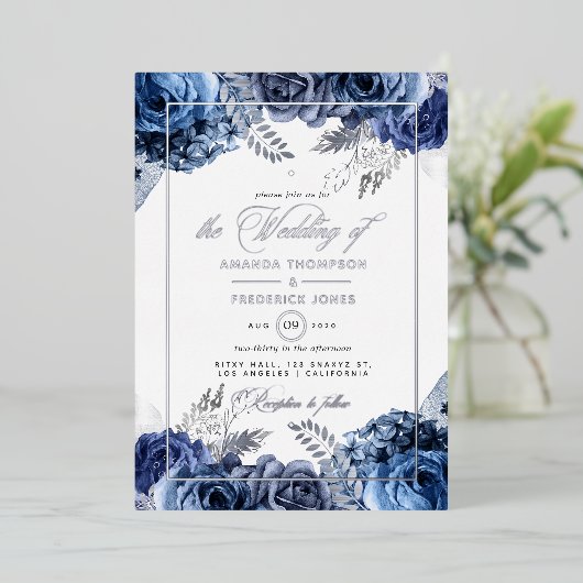 海軍とシルバーのフローラ結婚のフォイル招待状 箔招待状 (立ち正面)