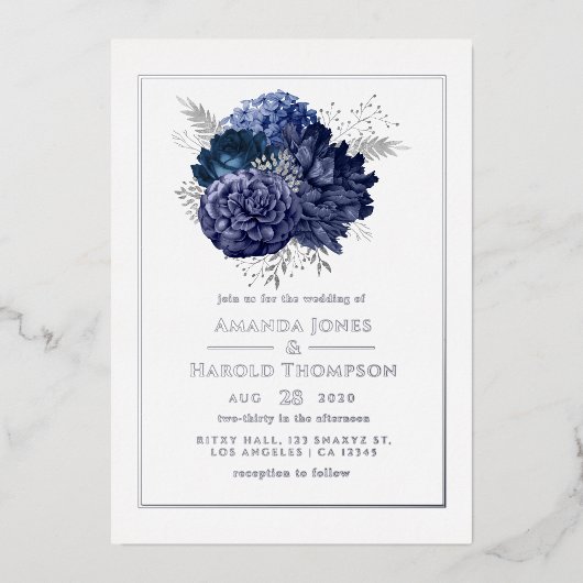 海軍とシルバーのフローラ結婚のフォイル招待状 箔招待状 (正面)