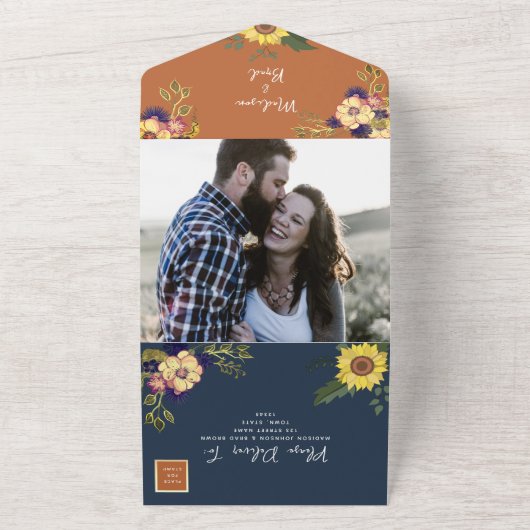 海軍とテラコッタ素朴ヒマワリ結婚ズ オールインワン招待状 (外側)