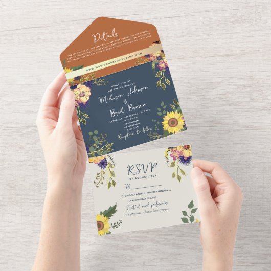 海軍とテラコッタ素朴ヒマワリ結婚ズ オールインワン招待状 (貼ってはがせる)