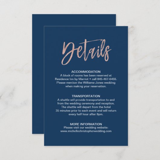 海軍とバラの金ゴールド、Glam Chicの結婚詳細挿入 エンクロージャーカード (正面/裏面)